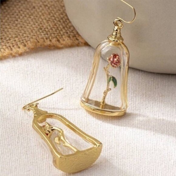 Beauty and the Beast Inspired bottle Rose Resin Vintage French Dangle Earrings - Picture 1 of 3